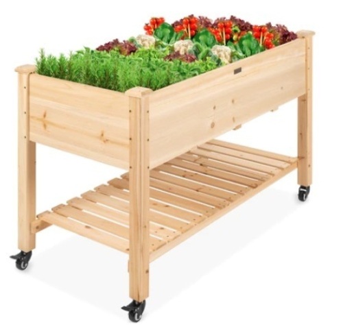 Mobile Raised Garden Bed Elevated Wood Planter w/ Wheels, Storage Shelf - Lot 148