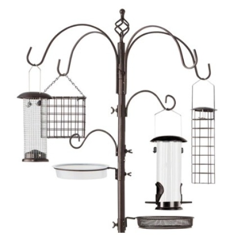 Bird Feeding Station, 6-Hook Steel Multi-Feeder Stand w/ 4 Feeders, 89in, Bronze - Lot 151