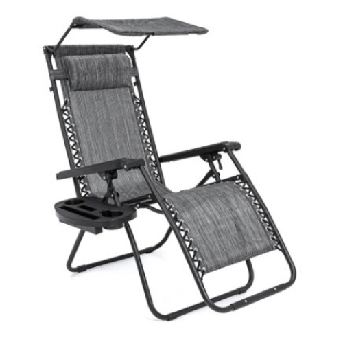 Folding Zero Gravity Recliner Patio Lounge Chair w/ Canopy, Side Tray, Gray - Lot 158