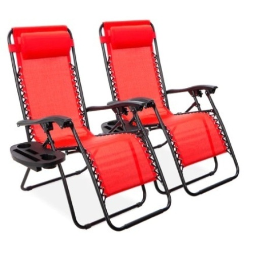 Set of 2 Adjustable Zero Gravity Patio Chair Recliners w/ Cup Holders, Crimson Red - Lot 165