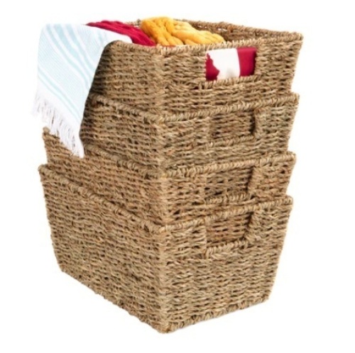 Set of 4 Seagrass Storage Tote Baskets, Laundry Organizer w/ Insert Handles, Natural - Lot 166