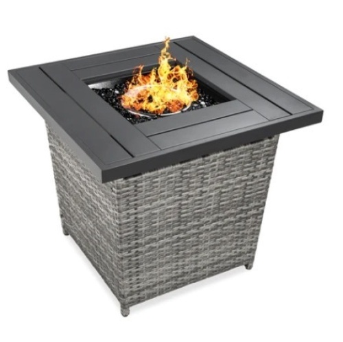 28in Fire Pit Table 50,000 BTU Wicker Propane w/ Faux Wood Tabletop, Cover, Gray - Lot 167