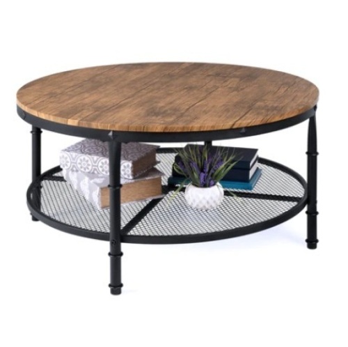 2-Tier Round Industrial Wood & Steel Coffee Table, Storage Shelves, 35.5in, Brown - Lot 170