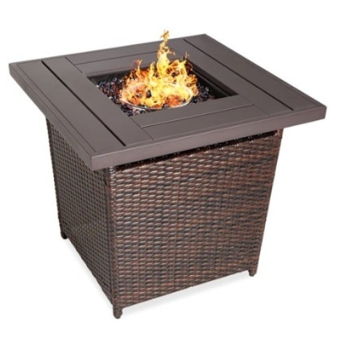28in Fire Pit Table 50,000 BTU Wicker Propane w/ Faux Wood Tabletop, Cover, Brown - Lot 173