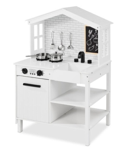 Kids Farmhouse Play Kitchen w/ Chalkboard, Storage Shelves, 5 Accessories, White - Lot 418