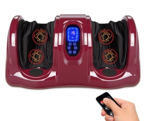 Therapeutic Foot Massager w/ High Intensity Rollers, Remote, 3 Modes, Burgundy - Lot 422