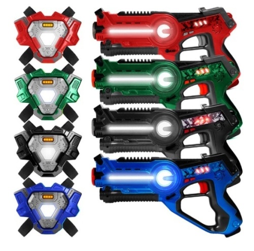 Set of 4 Infrared Laser Tag Guns and Vests for Kids & Adults, Red/Blue/Black/Green - Lot 426
