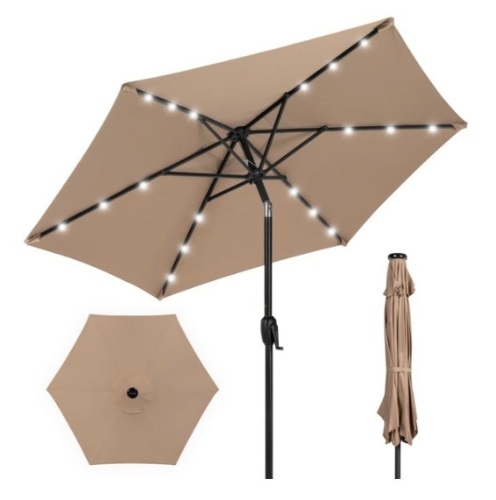 Outdoor Solar Patio Umbrella w/ Push Button Tilt, Crank Lift - 7.5ft, Tan - Lot 429