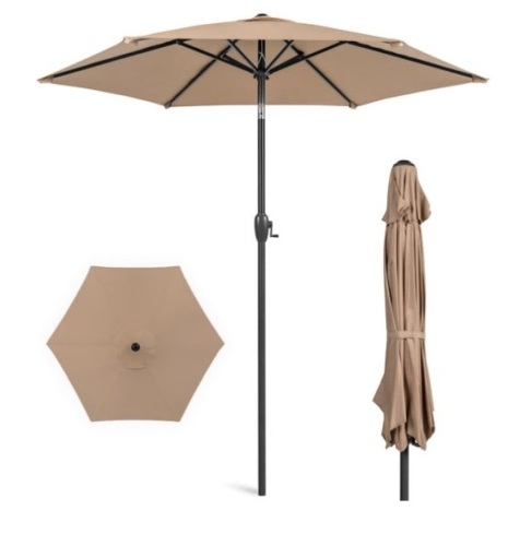 Outdoor Market Patio Umbrella w/ Push Button Tilt, Crank Lift - 7.5ft, Tan - Lot 430