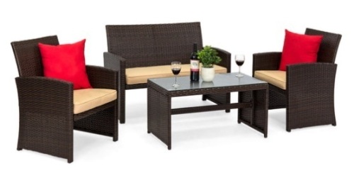 4-Piece Outdoor Wicker Conversation Patio Set w/ 4 Seats, Glass Table Top, Brown/Beige - Lot 431