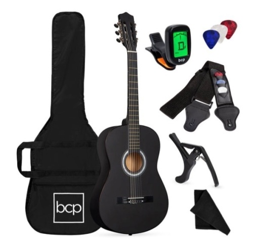 Beginner Acoustic Guitar Set w/ Case, Strap, Digital Tuner, Strings - 38in, Matte Black - Lot 439
