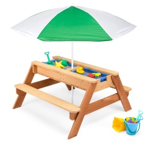 3-in-1 Kids Sand & Water Table Outdoor Wood Picnic Table w/ Umbrella, Green - Lot 442