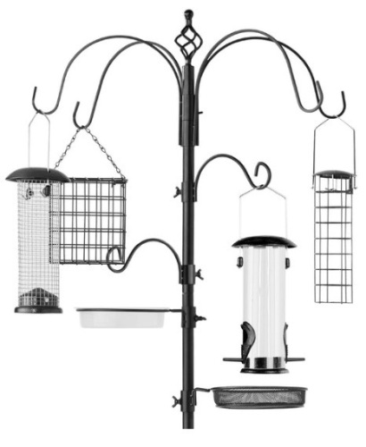 Bird Feeding Station, 6-Hook Steel Multi-Feeder Stand w/ 4 Feeders - 89in, Black - Lot 454