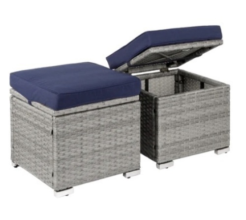 Set of 2 Wicker Ottomans, Multipurpose w/ Removable Cushions, Steel Frame, Gray/Navy - Lot 176