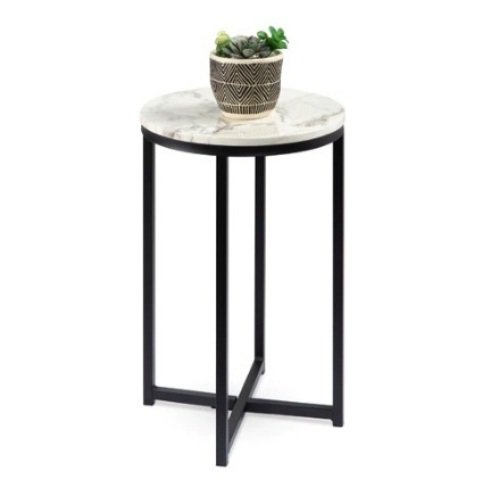 Round Coffee Side Table w/ Faux Marble Top, Metal Frame, 16in, White/Matte Black - Lot 179