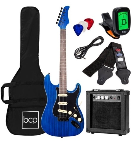 Beginner Electric Guitar Kit w/ Case, 10W Amp, Tremolo Bar - 39in, Midnight Blue - Lot 464