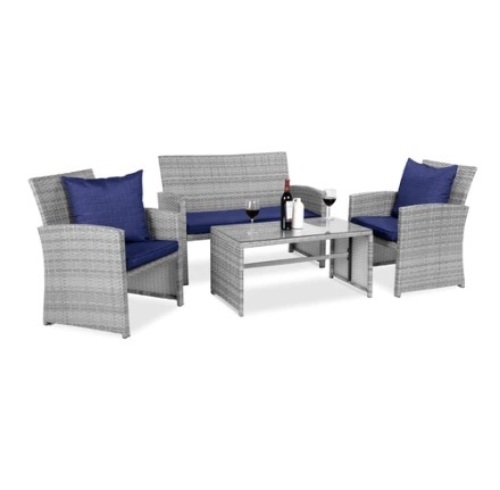 4-Piece Outdoor Wicker Conversation Patio Set w/ 4 Seats, Glass Table Top, Gray/Navy - Lot 187