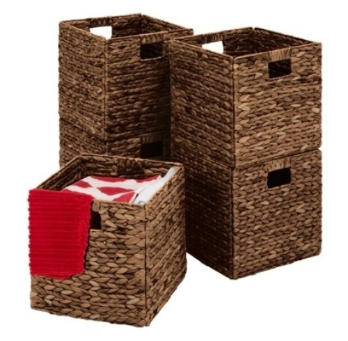 Set of 5 Collapsible Hyacinth Storage Baskets w/ Inserts, 12x12in, Espresso - Lot 190