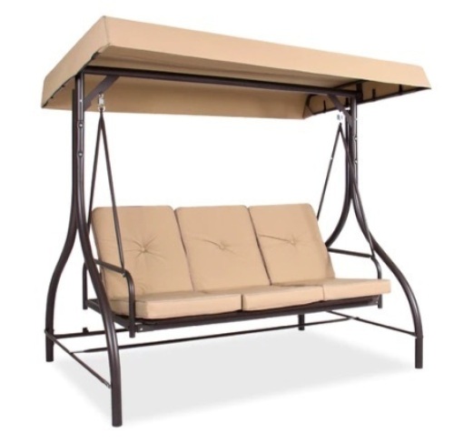 3-Seat Outdoor Canopy Swing Glider Furniture w/ Converting Flatbed Backrest, Tan - Lot 198