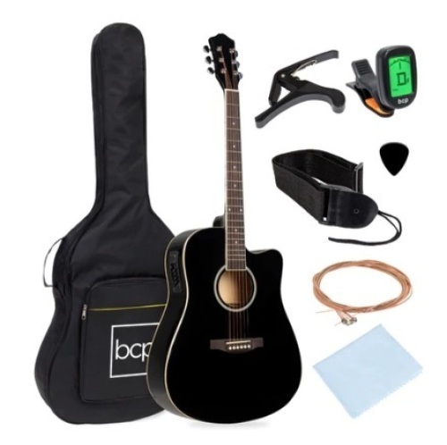 41in Beginner Acoustic Electric Cutaway Guitar Set w/ Case, Strap, Black - Lot 470