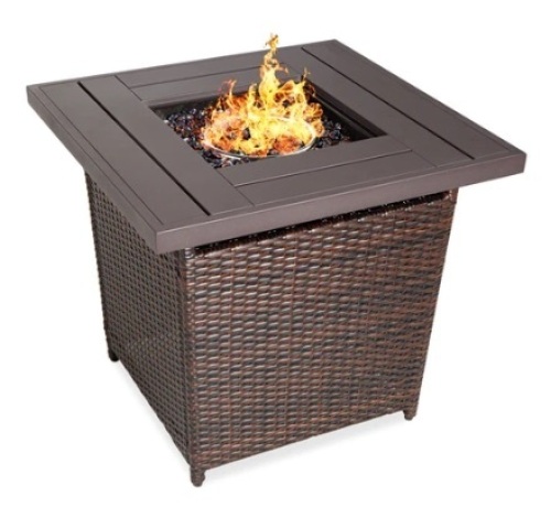 28in Fire Pit Table 50,000 BTU Wicker Propane w/ Faux Wood Tabletop, Cover, Brown - Lot 478