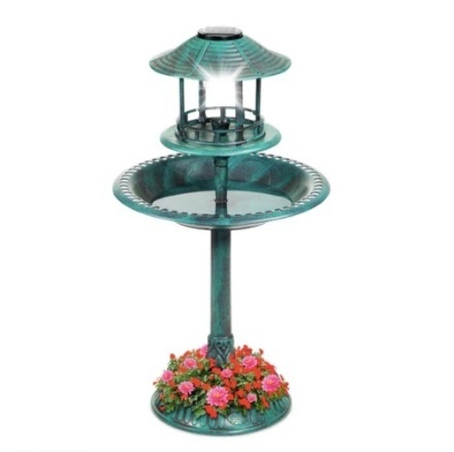 Solar Lighted Outdoor Pedestal Bird Bath w/ Planter, Decorative Bird Cage, Green - Lot 476