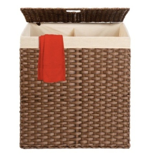 Double Laundry Hamper Basket w/ Easy Assembly, Liner Bag, Dark Brown  - Lot 477