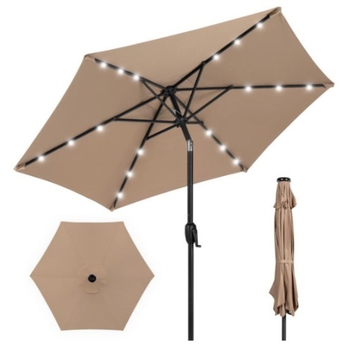 Outdoor Solar Patio Umbrella w/ Push Button Tilt, Crank Lift - 7.5ft, Tan - Lot 610