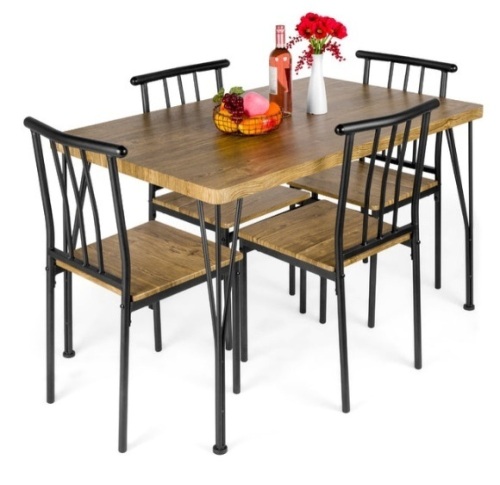 5-Piece Modern Metal and Wood Dining Table Furniture Set w/ 4 Chairs, Brown - Lot 613