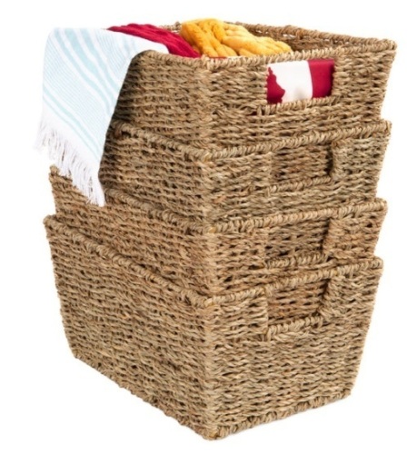 Set of 4 Seagrass Storage Tote Baskets, Laundry Organizer w/ Insert Handles, Natural - Lot 620