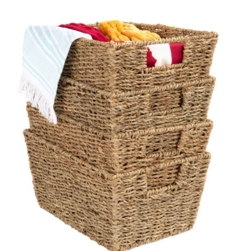 Set of 4 Seagrass Storage Tote Baskets, Laundry Organizer w/ Insert Handles, Natural - Lot 621