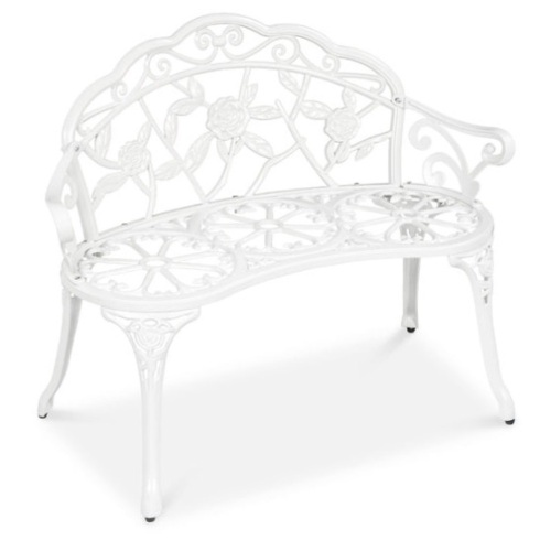 Steel Garden Bench Outdoor Patio Furniture w/ Floral Rose Accent - 39in, White - Lot 624