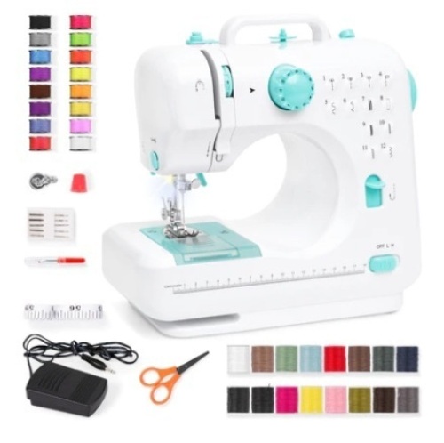 6V Portable Foot Pedal Sewing Machine w/ 12 Stitch Patterns, Teal - Lot 484