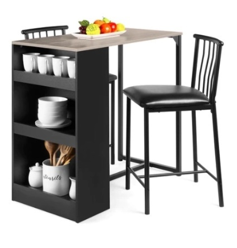 3-Piece Counter Height Kitchen Dining Table Set w/ Storage Shelves, Gray - Lot 499