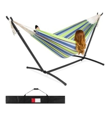 2-Person Brazilian-Style Double Hammock w/ Carrying Bag and Steel Stand, Blue/Green Stripe - Lot 500