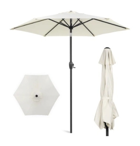 Outdoor Market Patio Umbrella w/ Push Button Tilt, Crank Lift, 7.5ft, Cream - Lot 506