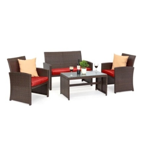 4-Piece Outdoor Wicker Conversation Patio Set w/ 4 Seats, Glass Table Top, Brown/Red - Lot 510