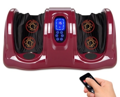 Therapeutic Foot Massager w/ High Intensity Rollers, Remote, 3 Modes, Burgundy - Lot 637