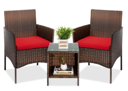 3-Piece Outdoor Patio Wicker Bistro Set w/ Side Storage Table, Brown/Red - Lot 640