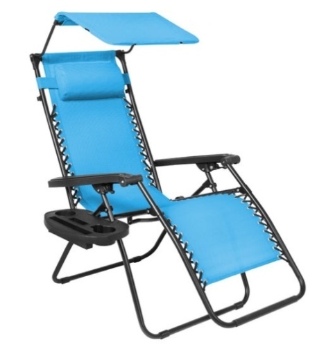 Folding Zero Gravity Recliner Patio Lounge Chair w/ Canopy, Side Tray, Light Blue - Lot 644
