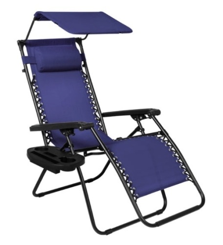 Folding Zero Gravity Recliner Patio Lounge Chair w/ Canopy, Side Tray, Navy Blue - Lot 646