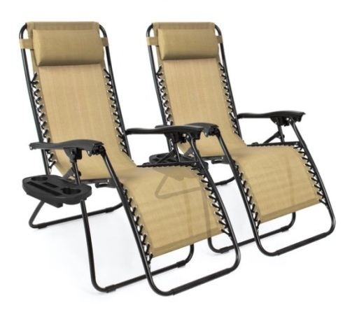 Set of 2 Adjustable Zero Gravity Patio Chair Recliners w/ Cup Holders, Tan - Lot 649