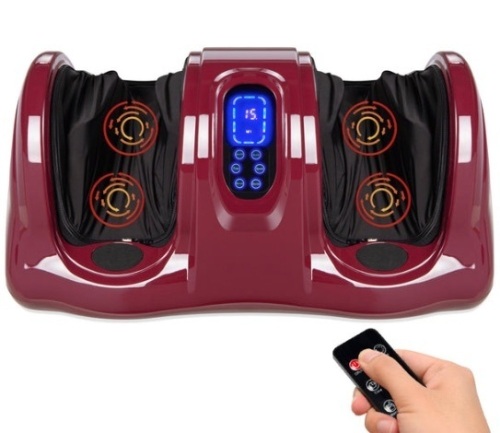 Therapeutic Foot Massager w/ High Intensity Rollers, Remote, 3 Modes, Burgundy - Lot 651