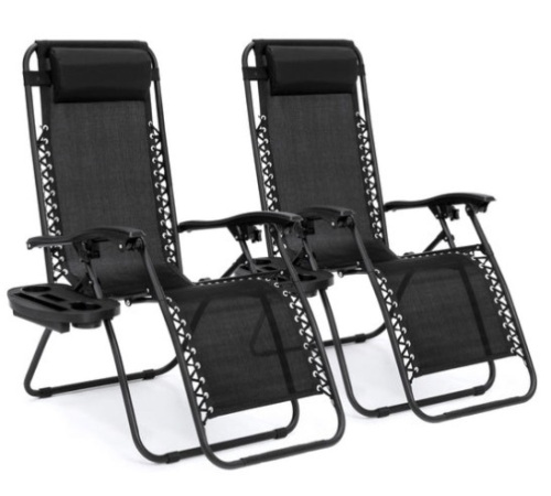 Set of 2 Adjustable Zero Gravity Patio Chair Recliners w/ Cup Holders, Black - Lot 652
