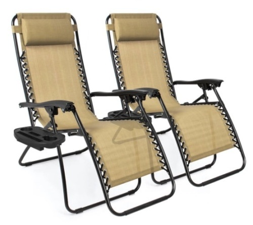 Set of 2 Adjustable Zero Gravity Patio Chair Recliners w/ Cup Holders, Beige - Lot 656