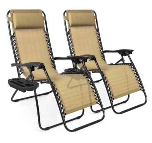 Set of 2 Adjustable Zero Gravity Patio Chair Recliners w/ Cup Holders, Beige - Lot 657