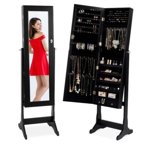 Full Length Standing Jewelry Mirror Armoire w/ Velvet Interior, Black - Lot 658