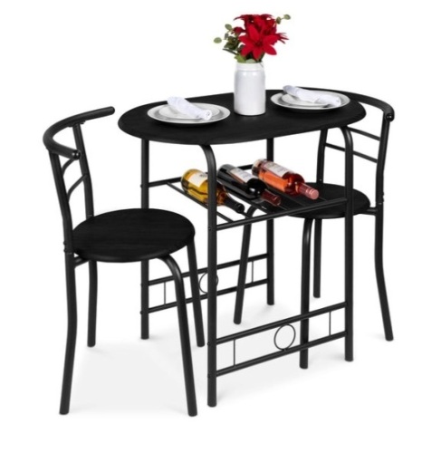 3-Piece Wooden Table & Chairs Dining Set w/ Lower Storage Shelf, Black - Lot 670