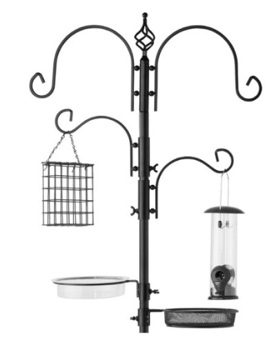 4-Hook Bird Feeding Station, Steel Feeder Stand w/ 2 Bird Feeders - 91in, Black - Lot 678