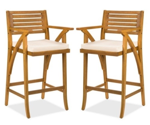 Set of 2 Outdoor Acacia Wood Bar Stools Chairs w/ Weather-Resistant Cushions - Lot 680